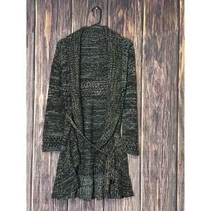 Chaudry Cardigan Sweater Womens Black Metallic Long Sleeve Open Front Belted